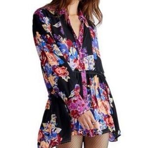 Free People Brunch a Bunch Floral Button-Up Blouse Black Multicolor Size Medium